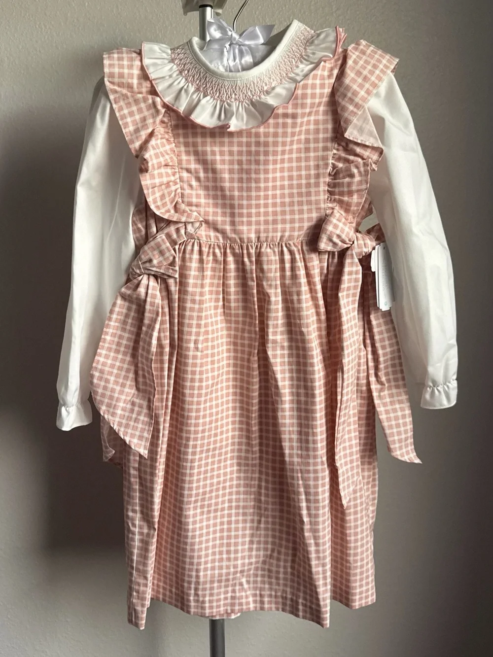 NWT Edgehill Collection Baby Girls Long Sleeve Check Side-Bow Dress Sz 6X